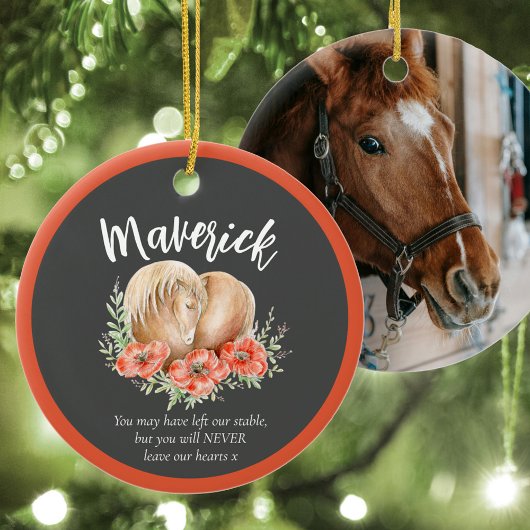 馬の記念碑ハートポピー水の色フォトグレー セラミックオーナメント