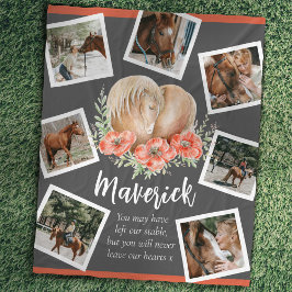 馬の記念碑ハートポピー水の色フォトグレー フリースブランケット