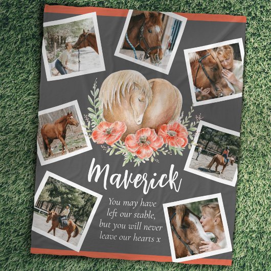 馬の記念碑ハートポピー水の色フォトグレー フリースブランケット