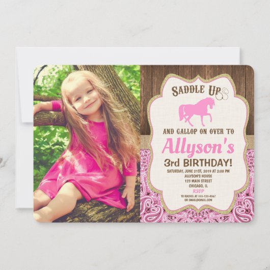 馬の誕生日の女の子ピンクの金ゴールドの田舎の写真 招待状 (正面)