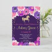 馬の誕生日の招待、ピンクの紫色の金ゴールド 招待状 (スタンド正面)