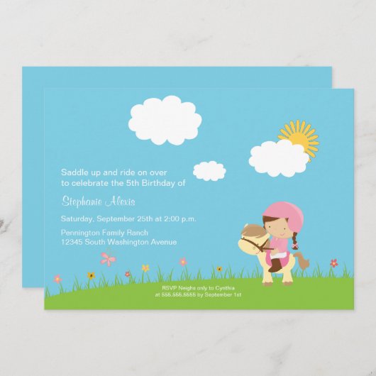 馬の誕生日パーティーの招待に乗っているかわいい女の子 招待状 (正面/裏面)