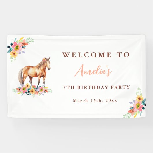 馬の誕生日パーティーウォーターカラーフローラポニーバナー 横断幕 (横)