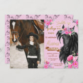 馬の誕生日パーティーカウガールピンクフラワーバースデー 招待状 (正面/裏面)
