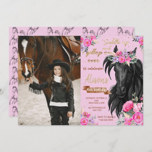 馬の誕生日パーティーカウガールピンクフラワーバースデー 招待状 (正面/裏面)