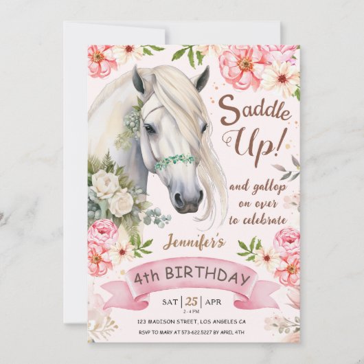 馬の誕生日パーティーガールズピンク4th誕生日 招待状 (正面)