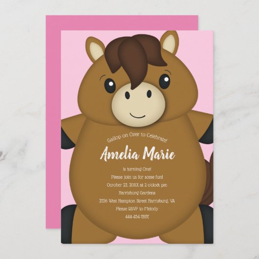 馬の誕生日パーティーピンク 招待状 (正面/裏面)