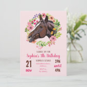 馬の誕生日パーティー カウガール ピンクの花 誕生日 招待状 (スタンド正面)