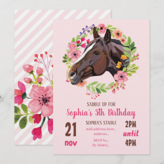 馬の誕生日パーティー カウガール ピンクの花 誕生日 招待状