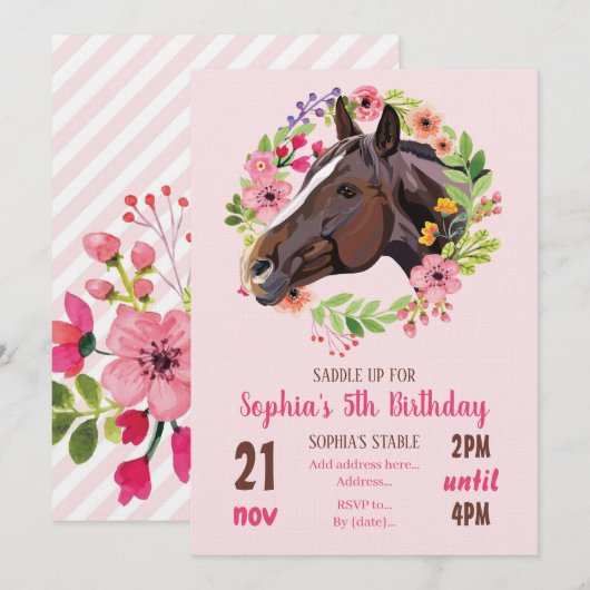 馬の誕生日パーティー カウガール ピンクの花 誕生日 招待状 (正面/裏面)