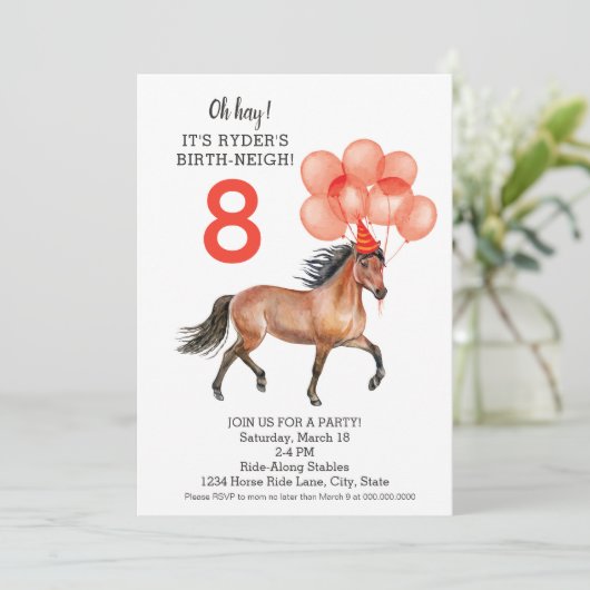 馬の誕生日パーティー//赤い任意の年齢ダウンロード// 招待状 (スタンド正面)