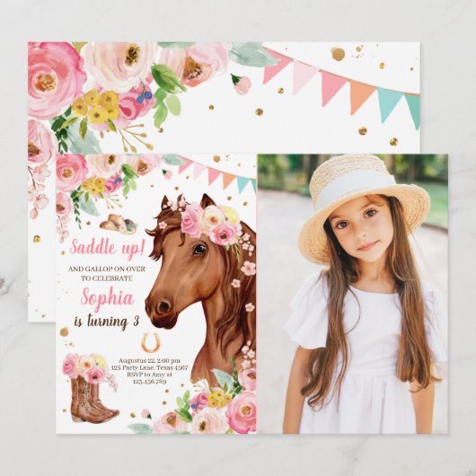 馬の誕生日招待状 ガール カウガール ピンク 花 招待状 (正面/裏面)