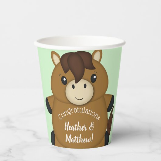 馬の赤ちゃんシャワーグリーン 紙コップ (正面)