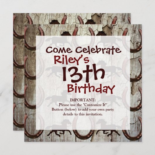 馬の蹄オンバーンウッドカウボーイギフト 招待状 (正面/裏面)