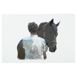 馬の軽金属ウォールアートを保持する男性 メタルプリント