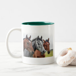 馬の頭のクラシックホワイトマグカップ 馬術グリーンリム ツートーンマグカップ