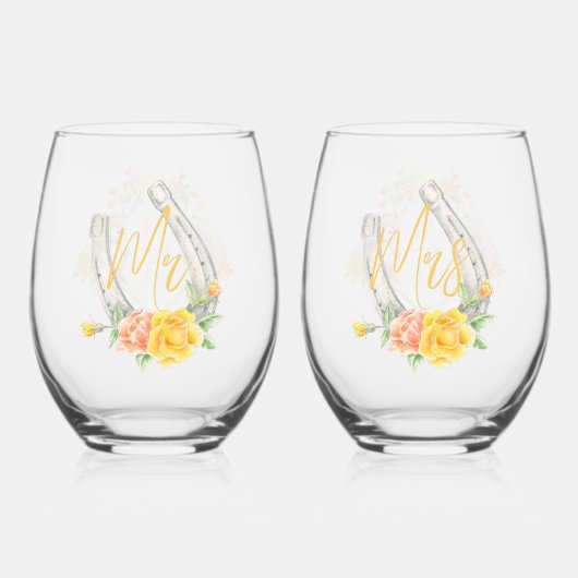 馬の黄色いバラのモノグラムミセス結婚ズ ステムなしワイングラス (裏面)
