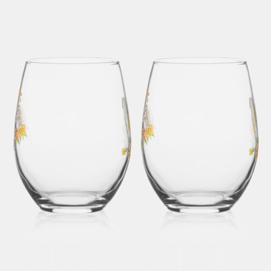 馬の黄色いバラのモノグラムミセス結婚ズ ステムなしワイングラス (左)
