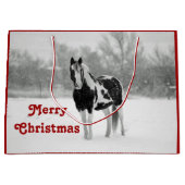 馬の黒と白の雪の写真クリスマス ラージペーパーバッグ (正面)