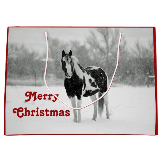 馬の黒と白の雪の写真クリスマス ラージペーパーバッグ (正面)