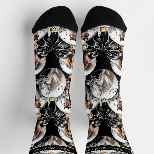 馬の黒と金ゴールドクリスマス引用文 ソックス (上部)