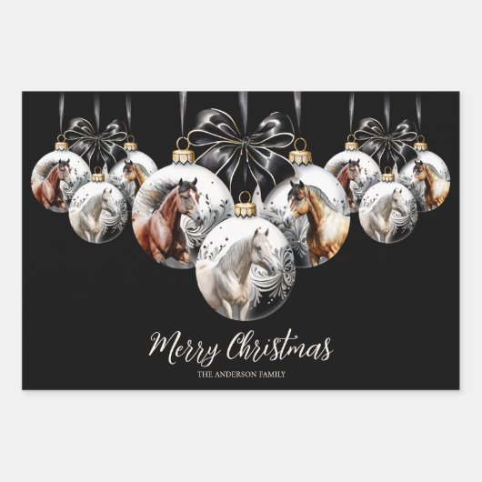 馬の黒と金ゴールドクリスマス引用文 ラッピングペーパーシート (正面)