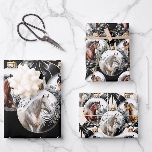 馬の黒と金ゴールドクリスマス引用文 ラッピングペーパーシート (正面)