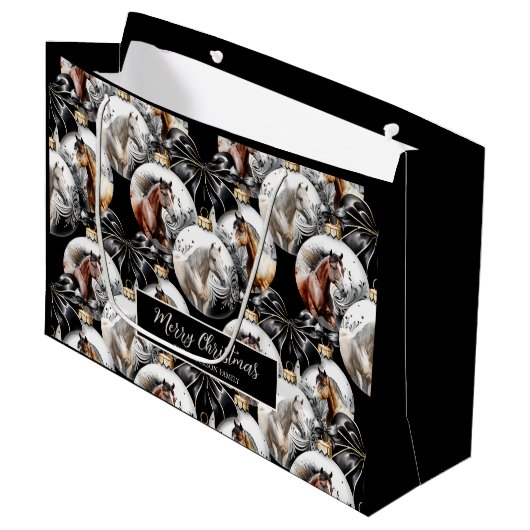 馬の黒と金ゴールドクリスマス引用文 ラージペーパーバッグ (正面アングル)