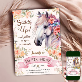 馬の1歳の誕生日おめでとう!ピンクの花とサドルアップ! 招待状
