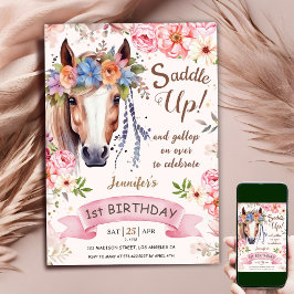 馬の1歳誕生日 女の子 ピンク フラワーカウガール 招待状