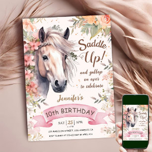 馬の10歳の誕生日 女の子 ワイルド フラワル サドルアップ 招待状