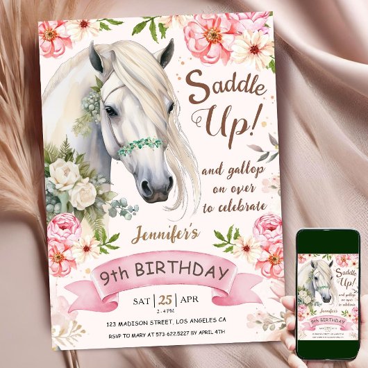 馬の9歳の誕生日 女の子 ピンクの花 サドルアップ 招待状