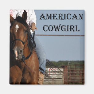 馬の"アメリカの女性のカーボーイ"の正方形の磁石を持つ女の子。" マグネット