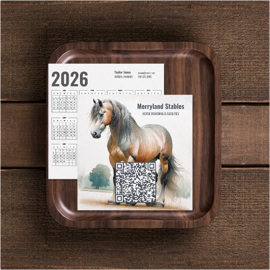 馬のQRコード付き2026年カレンダー名刺 スクエア名刺