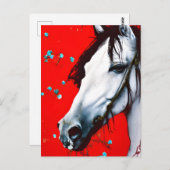 馬のREd背景の青い花 ポストカード (正面/裏面)