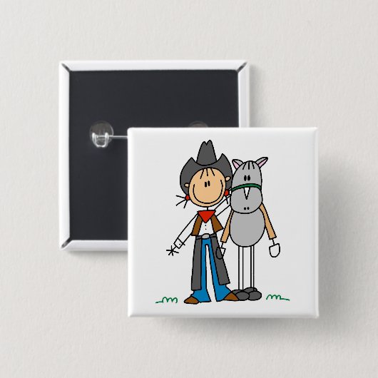 馬のTシャツを持つ棒の姿の女性のカーボーイ 缶バッジ (正面&裏面)