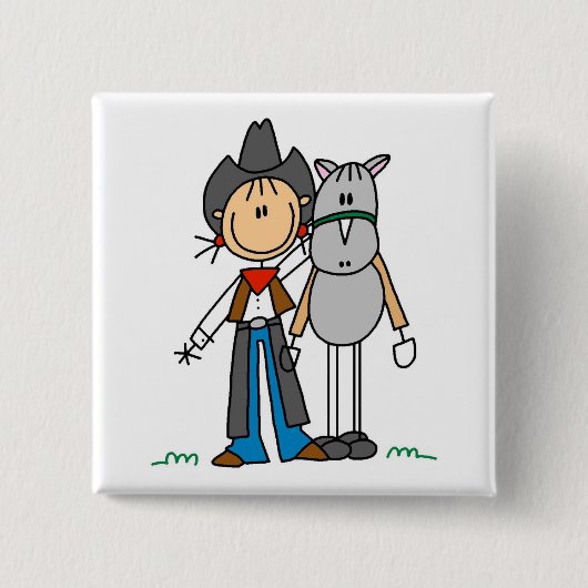 馬のTシャツを持つ棒の姿の女性のカーボーイ 缶バッジ (正面)