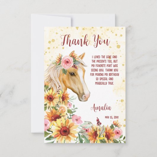 馬ひまわり女性のカーボーイ誕生日感謝していあなた サンキューカード (正面)