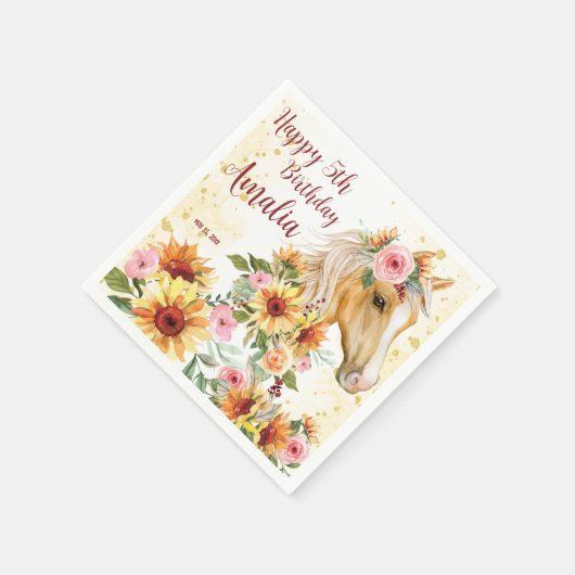 馬ひまわり誕生日パーティパーソナライズされたー スタンダードカクテルナプキン (角)