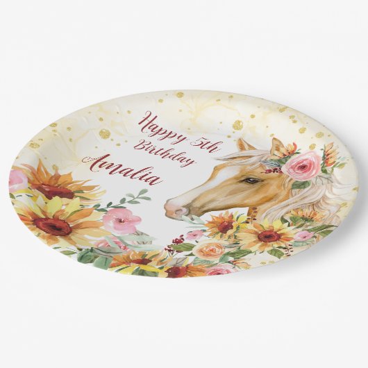 馬ひまわり誕生日パーティパーソナライズされたー ペーパープレート (アングル)