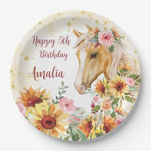 馬ひまわり誕生日パーティパーソナライズされたー ペーパープレート (正面)