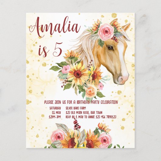 馬ひまわり誕生日パーティーの予算の招待 (正面)