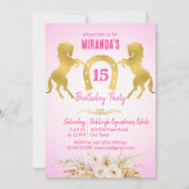 馬をテーマにしたピンクとゴールドの誕生日パーティー 招待状 (正面)