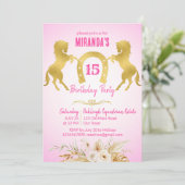 馬をテーマにしたピンクとゴールドの誕生日パーティー 招待状 (スタンド正面)