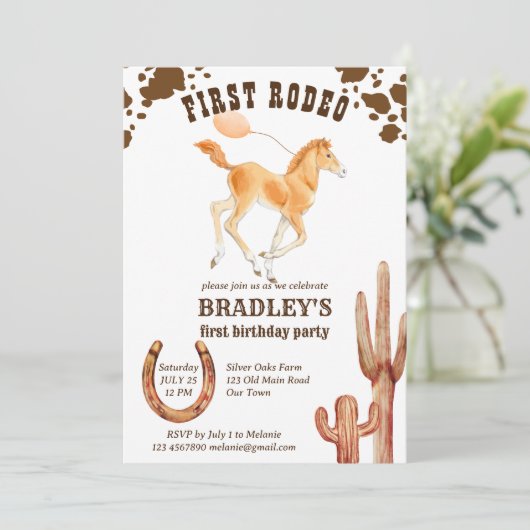 馬をテーマにした最初のロデオ西部の誕生日パーティー 招待状 (スタンド正面)