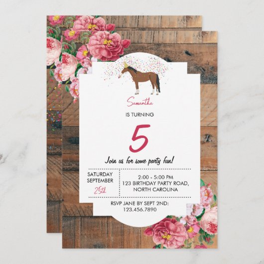 馬をテーマにした誕生日パーティウ素朴ッドフローラ 招待状 (正面/裏面)