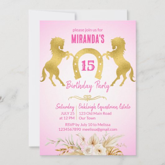馬をテーマにした誕生日パーティーのピンクと金ゴールド 招待状 (正面)
