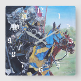 馬を乗り継ぐ歴史的な中世の騎士たち スクエア壁時計