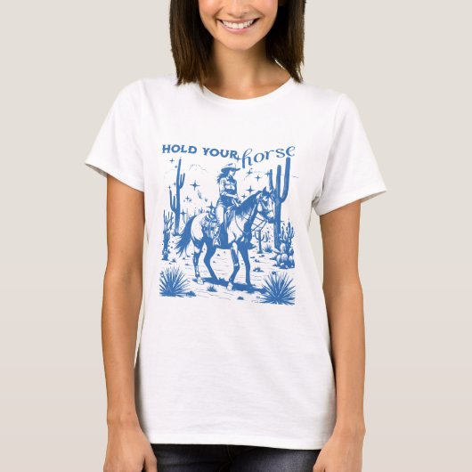 馬を持って、女性のカーボーイ Tシャツ (正面)