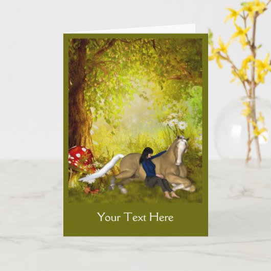 馬を持つ女の子ファンタジーアートの写真カード カード (黄色い花)